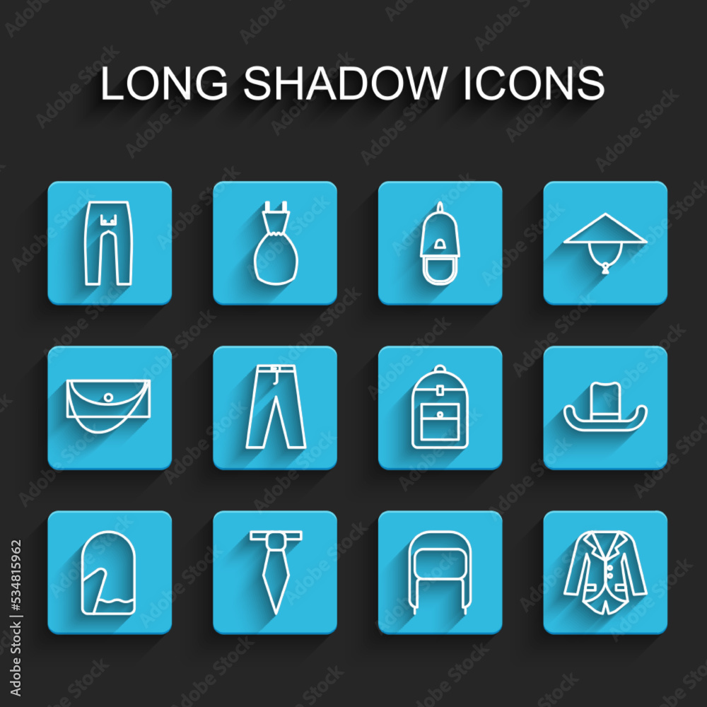 Set line Christmas mitten, Tie, Pants, Winter hat with ear flaps, Blazer or jacket, Man and Backpack icon. Vector Set line Christmas mitten, Tie, Pants, Winter hat with ear flaps, Blazer or jacket, Man and Backpack icon. Vector