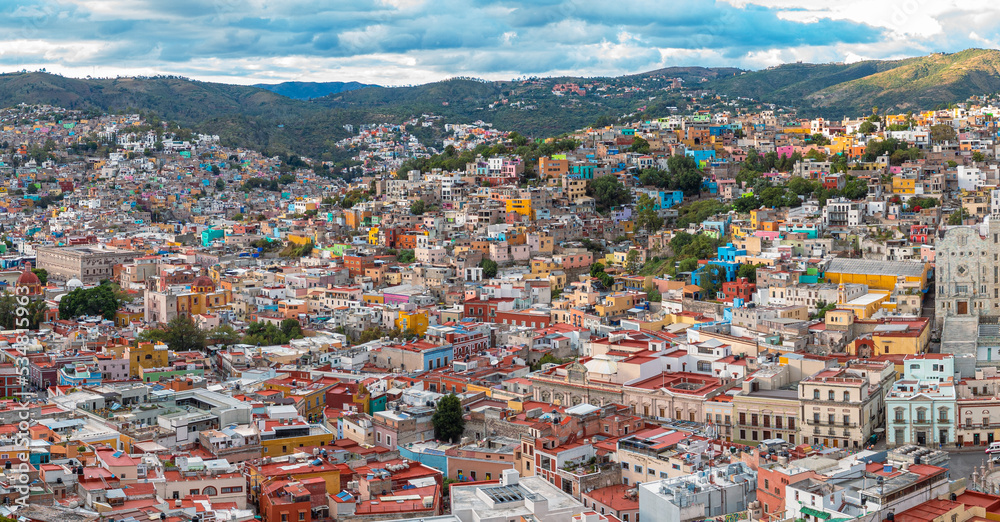 Aerial: Guanajuato beautiful view of the landscape and cityscape. Drone view
