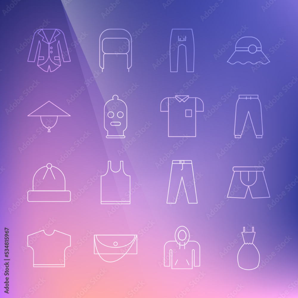 Set line Woman dress, Men underpants, Sport, Pants, Balaclava, Asian conical hat, Blazer jacket and Polo shirt icon. Vector