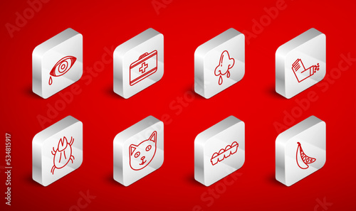 Set line Kidney beans, First aid kit, Runny nose, Inhaler, Chicken egg in box, Reddish eye allergic conjunctivitis, Pet and Parasite mite icon. Vector