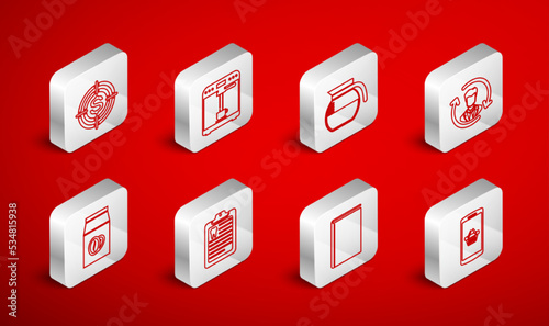 Set line Shopping basket on mobile, Coffee machine and cup, pot, Human resources, Book, Target with dollar, Clipboard dental card and beans bag icon. Vector