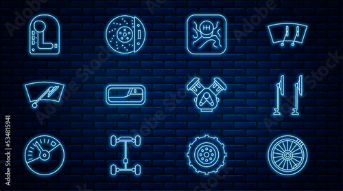 Set line Car wheel, Windscreen wiper, Gear shifter, door handle, engine and brake disk with caliper icon. Vector