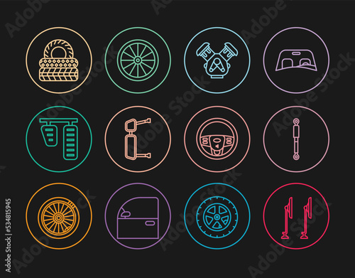 Set line Windscreen wiper, Shock absorber, Car engine, Truck side mirror, gas and brake pedals, tire, Steering wheel and icon. Vector