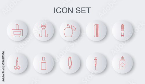 Set line Spray can, Scissors, Perfume, Syringe, Nail polish bottle, Eyelash curler, Lipstick and Eyebrow tweezers icon. Vector