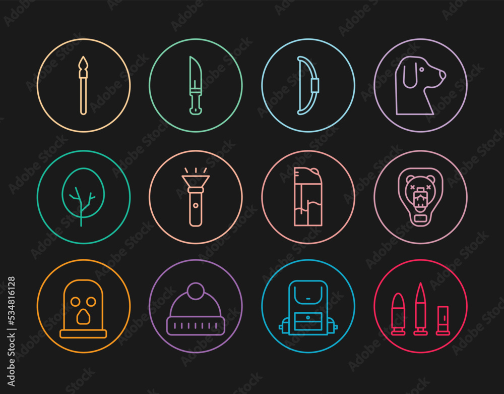 Set line Bullet and cartridge, Bear head on shield, Bow, Flashlight, Tree, Medieval spear, Lighter and Hunter knife icon. Vector Set line Bullet and cartridge, Bear head on shield, Bow, Flashlight, Tree, Medieval spear, Lighter and Hunter knife icon. Vector
