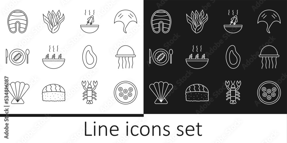 Set line Caviar on a plate, Jellyfish, Soup with octopus, shrimps, Served cucumber, Fish steak, Mussel and Seaweed icon. Vector