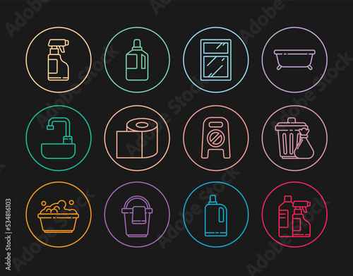 Set line Bottles for cleaning agent, Cleaning service windows, Toilet paper roll, Washbasin with water tap, Spray bottle detergent liquid, Wet floor progress and Fabric softener icon. Vector