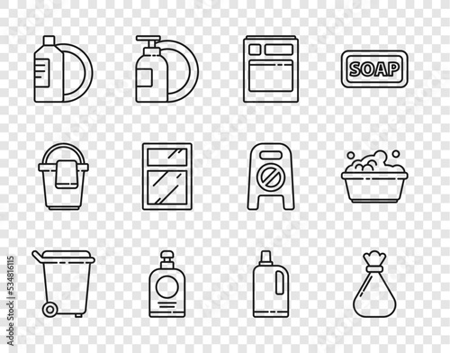 Set line Trash can, Kitchen dishwasher machine, Hand sanitizer bottle, Dishwashing liquid plate, Cleaning service for windows, Fabric softener and Plastic basin with soap suds icon. Vector