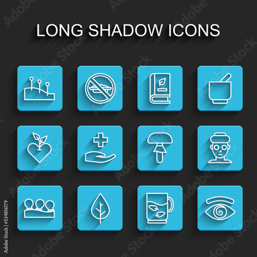 Set line Vacuum cans, Leaf, Acupuncture therapy, Cup of tea and leaf, Hypnosis, Cross hospital medical, Facial cosmetic mask and Mushroom icon. Vector