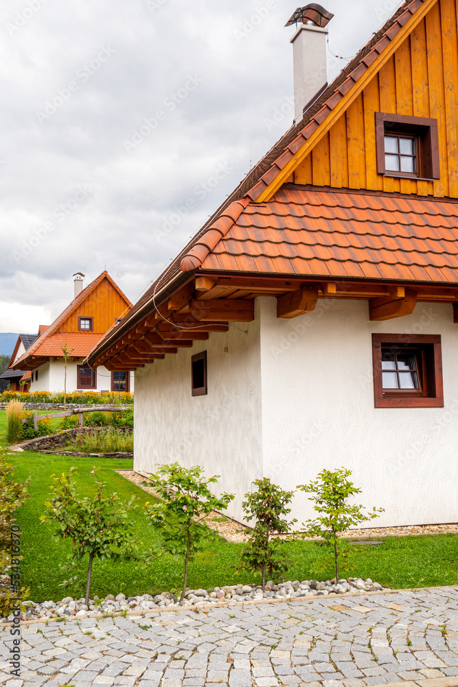 Modern village of historic wooden buildings in the small town in Liptov region, Slovakia, Eastern Europe