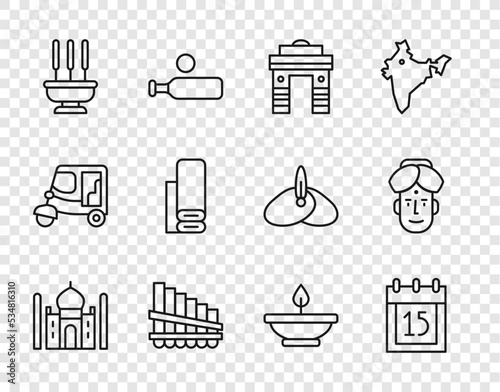 Set line Taj Mahal, Independence day India, Gate in Delhi, Pan flute, Incense sticks, Indian textile fabric, Aroma lamp and man icon. Vector