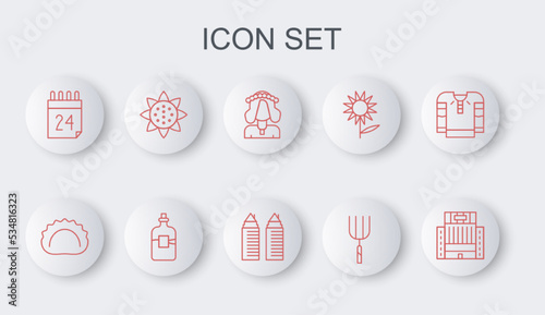 Set line Hotel Ukraina building, Dumplings, Ukrainian woman, Garden pitchfork, Independence day of Ukraine, Sunflower, Bottle vodka and Two towers Dnipro icon. Vector