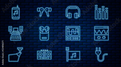 Set line Electric plug, Oscilloscope, Headphones, Air headphones in box, Music recording studio, player, and icon. Vector