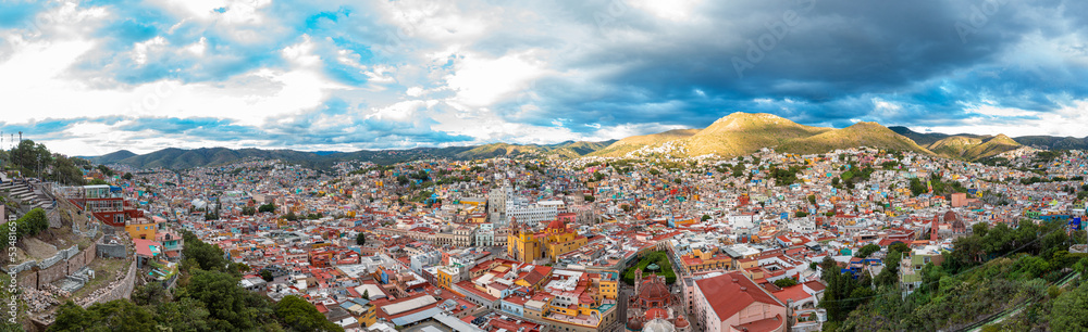Aerial: panorama view of the landscape and cityscape in Guanajuato. Drone view

