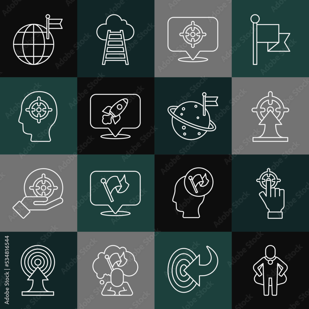 Set line Head hunting, Target, Rocket ship, Planet with flag and Moon icon. Vector