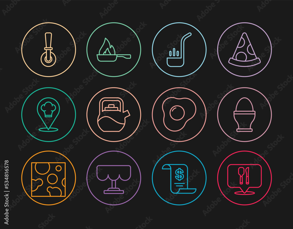 Set line Cafe and restaurant location, Chicken egg stand, Kitchen ladle, Kettle with handle, Chef hat, Pizza knife, Scrambled eggs and Frying pan icon. Vector Set line Cafe and restaurant location, Chicken egg stand, Kitchen ladle, Kettle with handle, Chef hat, Pizza knife, Scrambled eggs and Frying pan icon. Vector
