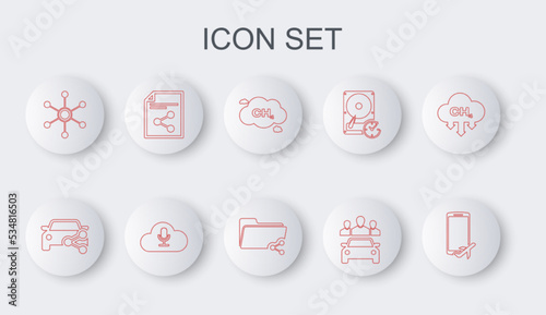 Set line Flight mode in the mobile, Car sharing, Methane emissions reduction, Network, Share file, Music streaming service and folder icon. Vector