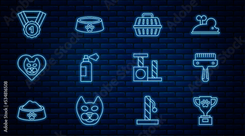 Set line Pet award, Hair brush for dog and cat, carry case, shampoo, Heart with, Dog symbol, Cat scratching post and food bowl icon. Vector