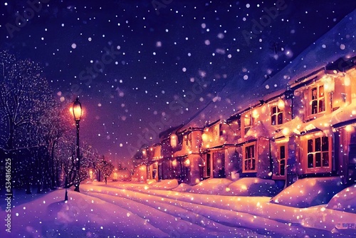 Winter snowy small cozy street with lights in houses, falling snow town night landscape. Winter holidays night time backdrop. Merry Christmas vintage retro illustration background.