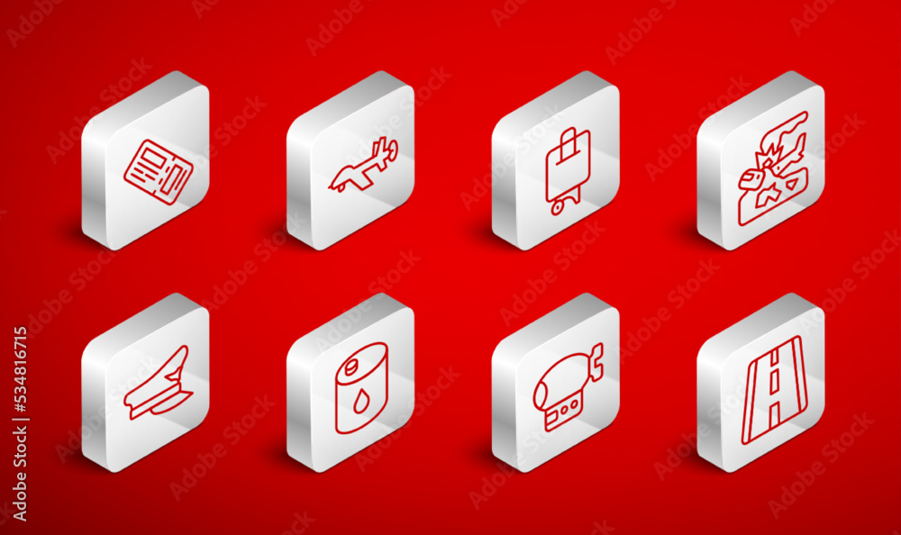 Set line Airport runway, UAV Drone, Suitcase, Plane crash, Airship, Airline ticket, Barrel oil and Pilot hat icon. Vector Set line Airport runway, UAV Drone, Suitcase, Plane crash, Airship, Airline ticket, Barrel oil and Pilot hat icon. Vector