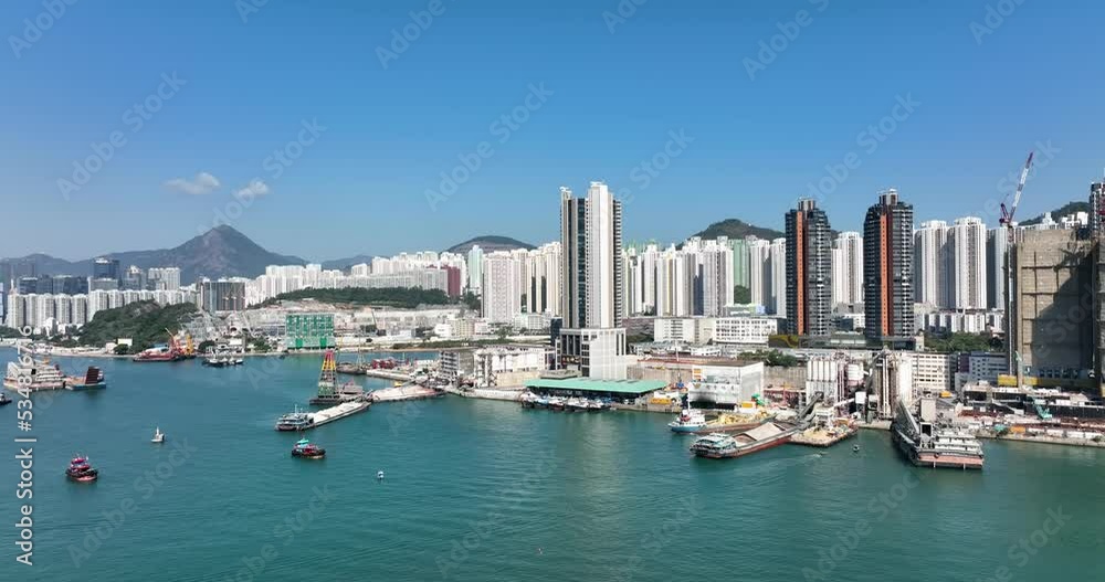 Drone fly over Hong Kong seaside residential district Drone fly over Hong Kong seaside residential district