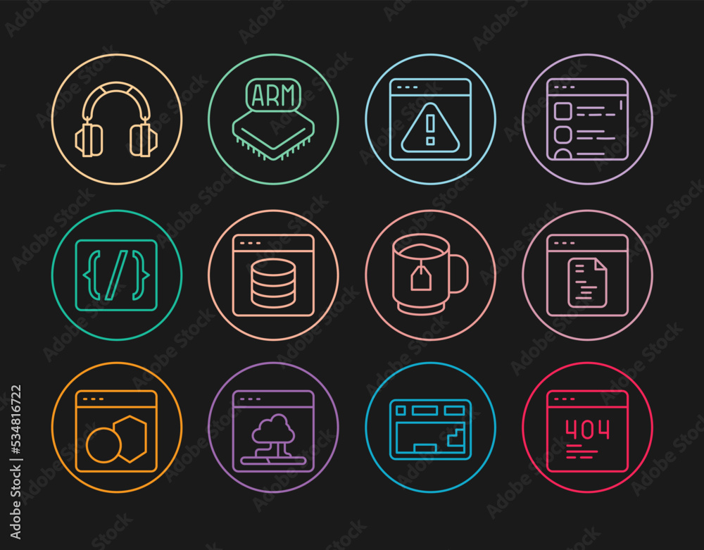 Set line Page with a 404 error, Software, Browser exclamation mark, Server, Data, Web Hosting, Programming language syntax, Headphones, Cup tea tea bag and Processor icon. Vector Set line Page with a 404 error, Software, Browser exclamation mark, Server, Data, Web Hosting, Programming language syntax, Headphones, Cup tea tea bag and Processor icon. Vector