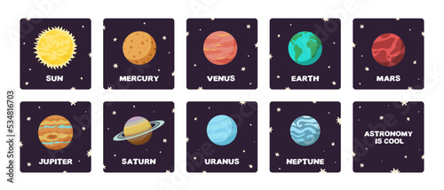 Colorful solar system space square flashcards in flat design cartoon style. Astronomy education and science for kids learning