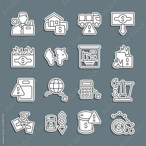 Set line Dollar rate decrease, Drop in crude oil price, Fire burning house, Stop delivery cargo truck, Broken piggy bank, Burning dollar bill, Employee dismissal and Pie chart infographic icon. Vector