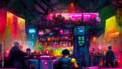 Cyberpunk colorful bar pub painting