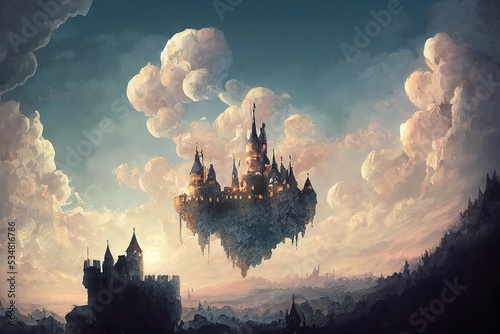 Fairy tale fantasy castle floating on a cloudy sky concept art illustration