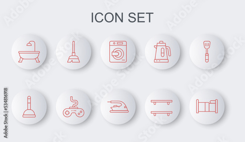 Set line Bed, Rubber plunger, Washer, Empty wooden shelves, Bathtub, Handle broom, Gamepad and Electric iron icon. Vector