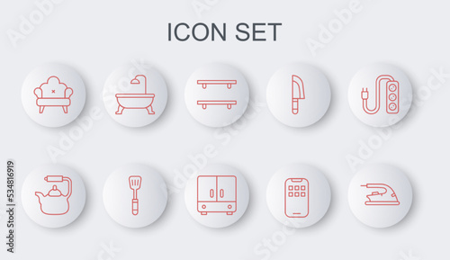 Set line Electric iron, Kettle with handle, Empty wooden shelves, Mobile Apps, Sofa, Bathtub, Spatula and Wardrobe icon. Vector