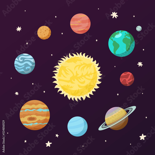 Colorful poster solar system planets. Astronomy education and science banner for kids learning