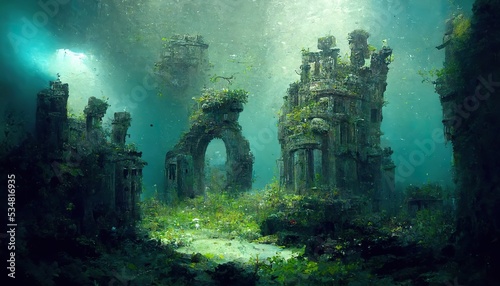 Underwater stone ruins concept art illustration