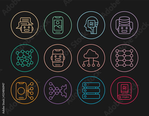 Set line Artificial intelligence AI, Neural network, Humanoid robot, Chat, Network cloud connection and Mobile phone icon. Vector