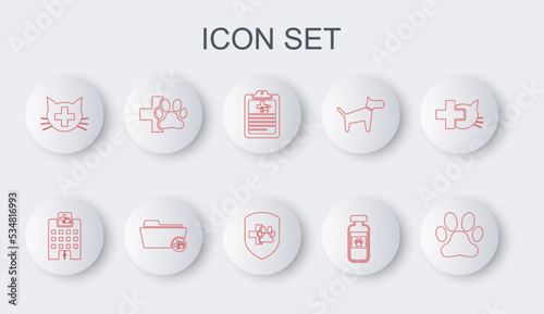 Set line Paw print, Veterinary medicine hospital, Clinical record pet, Pets vial medical, clinic, Medical veterinary folder and Animal health insurance icon. Vector