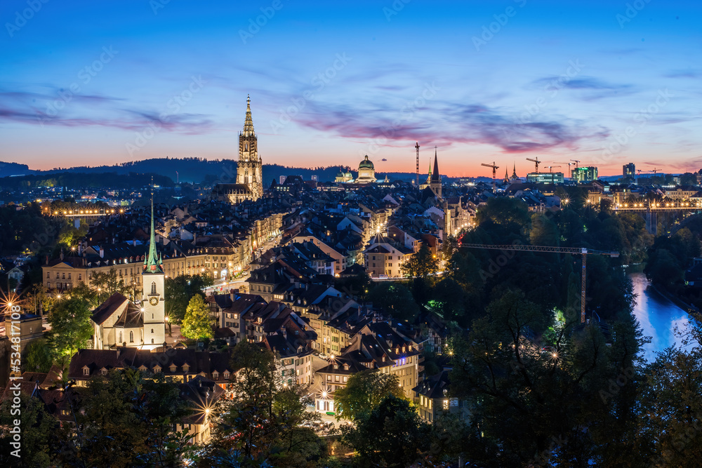 Amazing panoramic view on historic downtown of Bern, Switzerland at the dusk. View from Rosengarten hill. UNESCO World Heritage Site