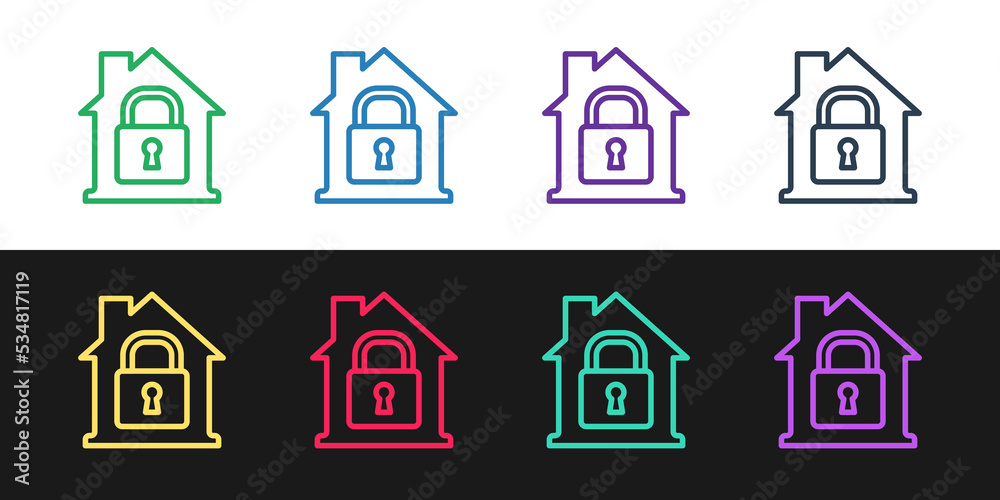 Set line House under protection icon isolated on black and white background. Home and lock. Protection, safety, security, protect, defense concept. Vector