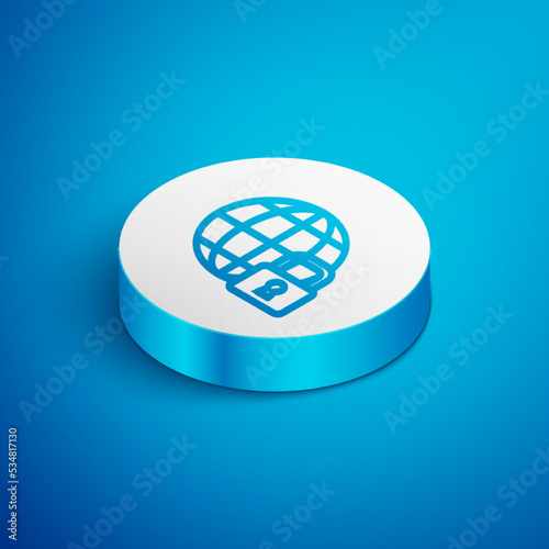 Isometric line Global lockdown - locked globe icon isolated on blue background. White circle button. Vector