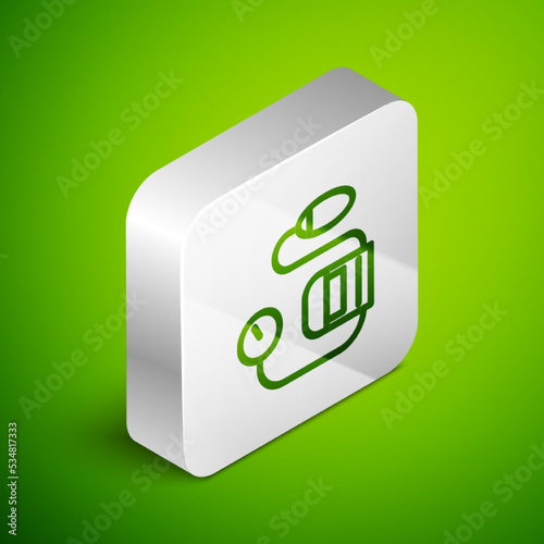 Isometric line Blood pressure icon isolated on green background. Silver square button. Vector Illustration