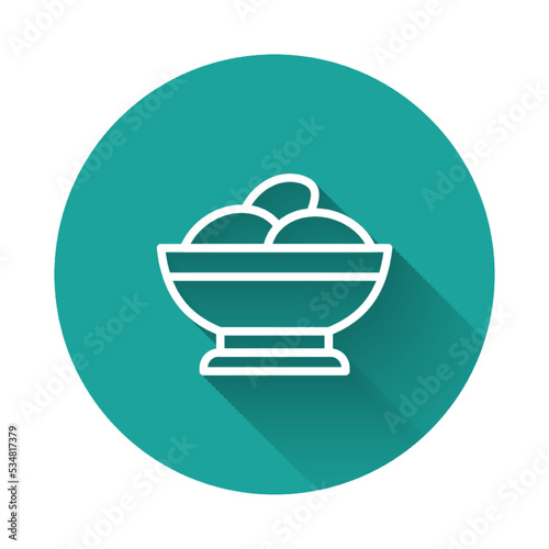 White line Varenyky in a bowl icon isolated with long shadow. Pierogi, varenyky, dumpling, pelmeni, ravioli. Traditional Ukrainian food. Green circle button. Vector