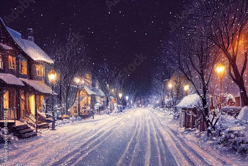 Winter snowy small cozy street with lights in houses, falling snow town night landscape. Winter holidays night time backdrop. Merry Christmas vintage retro illustration background. © Synthetica