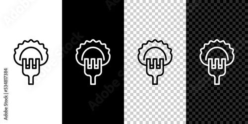 Set line Dumplings on fork icon isolated on black and white background. Pierogi, varenyky, pelmeni, ravioli. Traditional Ukrainian food. Vector