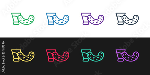 Set line Glass with vodka and cucumber icon isolated on black and white background. Vector