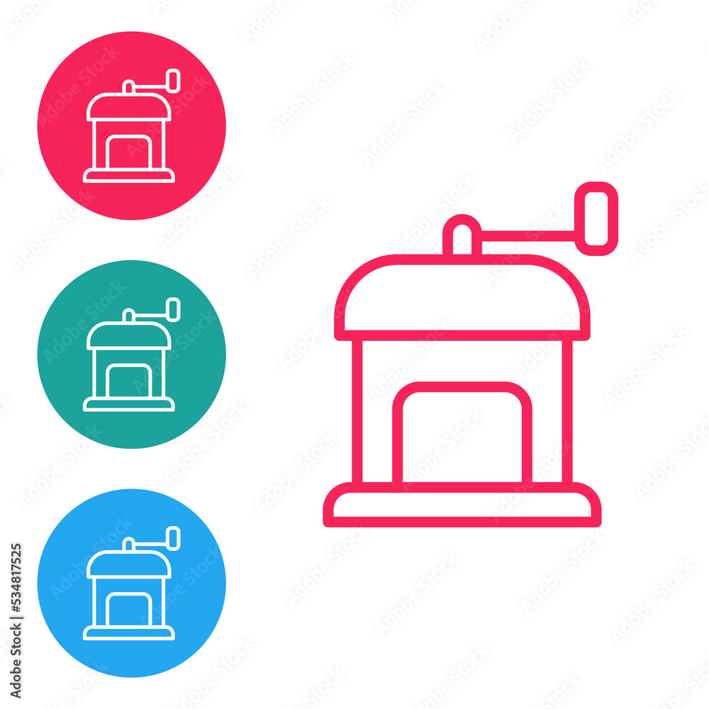 Red line Manual coffee grinder icon isolated on white background. Set icons in circle buttons. Vector Red line Manual coffee grinder icon isolated on white background. Set icons in circle buttons. Vector