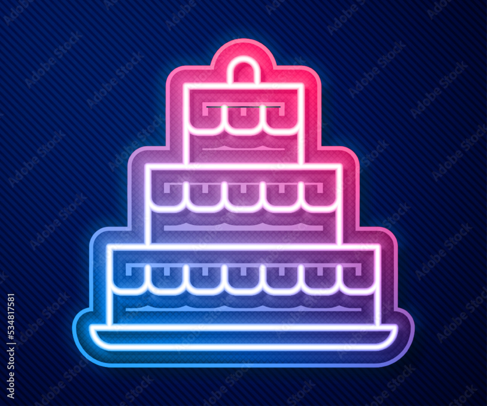Glowing neon line Cake with burning candles icon isolated on blue background. Happy Birthday. Vector Glowing neon line Cake with burning candles icon isolated on blue background. Happy Birthday. Vector