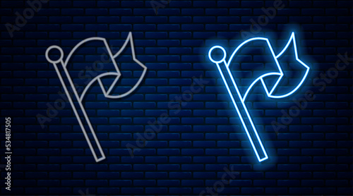 Glowing neon line Flag icon isolated on brick wall background. Victory, winning and conquer adversity concept. Vector