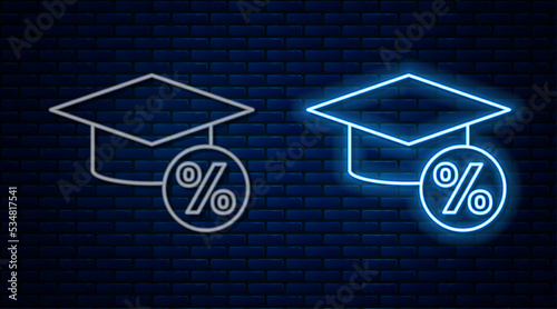 Glowing neon line Graduation cap and coin icon isolated on brick wall background. Education and money. Concept of scholarship cost or loan, tuition or study fee. Vector