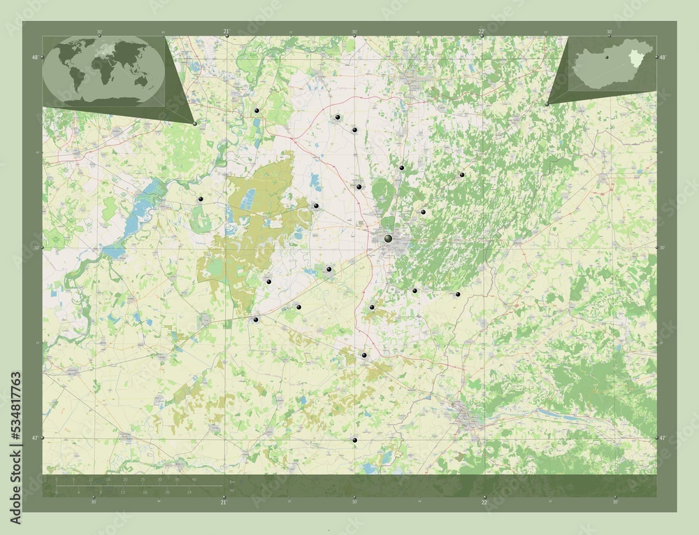 Fototapeta premium Hajdu-Bihar, Hungary. OSM. Major cities