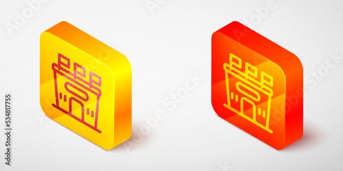 Isometric line Football stadium icon isolated on grey background. Football arena. Yellow and orange square button. Vector